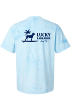 Load image into Gallery viewer, Light blue tie-dye t-shirt with 'Lucky Labrador Surf Co' logo on the back.