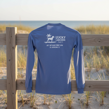 Load image into Gallery viewer, Blue long-sleeve shirt with Lucky Labrador logo and text on a white background