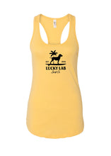 Load image into Gallery viewer, Picture of the front of a yellow racer back shirt with a Lucky Labrador logo on the front.