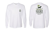 Load image into Gallery viewer, Front and back views of a white long sleeve shirt with Lucky Labrador logos on them against a white background.