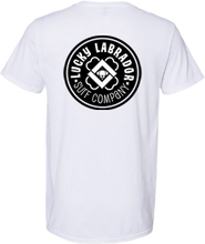 Load image into Gallery viewer, White crew neck t-shirt with black and grey Lucky Labrador logo on the back.